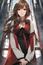 Placeholder: (masterpiece), (anime style), award winning, close up, centered, headshot, looking toward camera, long brown hair, young woman, redeyes, modern, dynamic lighting, ultra detailed, (epic composition, epic proportion), professional work, black and red clothes