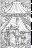 Placeholder: Coloring book page:: Circus: A whimsical illustration of a circus tent with acrobats, clowns, and a ringmaster:: high detail adult coloring book page thin black lines white background, 1 bit line art coloring book, only draw outlines, crisp, thick outlines, use up the entire screen, outline art, storybook illustration –no noise, book, logo, page, letters, words, markers, grayscale, –no black background –ar 3:4 –v 4