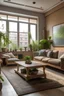 Placeholder: The exterior of a living room with full window and many plants and painting on the wall and a tv on the wall and a light color sofa in front of it and some chair and with warm color pallet In the style of rustic furniture from different angles of the room