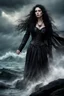 Placeholder: A somber woman, dressed in gothic attire, in deep, dark colors standing alone on a massive, jagged rock jutting out into the ocean. stormy sky , her long black hair whips around her face, streaked with raindrops as they tumble from the heavens. Despite the cold and dampness of the air, she remains stoically still, as if the rock were her only anchor in this tempestuous world. dramatic, epic mood,, intricate detail, creepy stunning