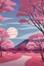 Placeholder: a land scape of Japanese garden, big moon, red sky in the night , surrounded by cherry blossom trees, cel shading