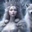 Placeholder: gorgeous goddess of ice and snow wearing a crystalline ice crown and standing next to a beautiful gray wolf, 8k resolution, high-quality, fine-detail, iridescent, intricate, digital art, detailed matte, volumetric lighting, beautiful, illustration, 3D octane render, margaret weiss, brian froud, howard lyon, selina french, anna dittmann, annie stokes, lisa parker, greg rutowski,