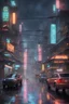 Placeholder: Higtech futuristic city street on a rainy, drizzling evening. The wet pavement reflects the cold light of futuristic neon signs and street lamps and creates a special atmosphere. some cars are parked on the street and some pedestrians are hurrying with futuristic floating umbrellas or transparent protective bubble in the rain on the street.