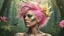 Placeholder: punk blonde 45 years old, forest on her head, pink plant hair, green plants, birds, golden makeup, tattoo, shiny aura, very detailed, fine rendering, high detail, high resolution, 8K