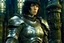 Placeholder: Motoko Kusanagi from Ghost In The Shell (1995), clad in medieval stell plate armour, melancholic