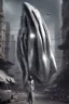 Placeholder: a photorealistic sleek, long, silver spaceship sitting in the street of a dystopian futuristic ruined alien city, with a woman in a silver suit, standing in front