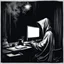 Placeholder: an anonymous writer depicted from behind, clad in hooded garb, sitting in (dark room:1.7) at laptop, typing, camera looks from behind, laptop screen visible, hidden in gloom and dark and smoke, clandestine vibe, photo-realism