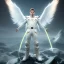 Placeholder: The first image is of the main character's full body. He’s to look like a powerful angel, symbols on his hands glowing, His background should be that of space above with stars and standing on a paradise of a planet. His belt can transform into a white dragon.