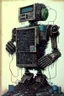 Placeholder: Artwork entitled "words violate guidelines"; depicts a robot composed of old computer and electronic parts starting back up and emitting vibration; lowbrow; old-school 1990's electronics; neo-surrealism.