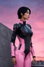 Placeholder: Photo Of A slim Woman With Black Hair, Wearing an android-looking suit, standing sideways On a ledge of a building, with a waning moon Behind Her Head, pink sunset with small clouds