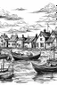 Placeholder: English fishing village blotchy ink minimalist loose outline sketch thin lines