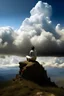 Placeholder: generar una imagen realista de una mujer solitaria sentada en la cima del montaña mirando hacia el cielo y y las nubes formando la palabra G C