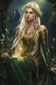 Placeholder: Dark green hair,Rapunzel hair,golden armor,night,sparkle,lily of the valley,ivy,elven warrior,elven ears,burgundy,green,gold,elven crown,extremely long hair