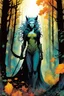 Placeholder: create a wildly conceptual full body print illustration of a feral mage with highly detailed hair and feminine facial features, in an ethereal, otherworldly ,ancient autumn forest , in the comic book art style of Bill Sienkiewicz, Mike Mignola, Sparth, and Jean Giraud Moebius, finely drawn, colored, and inked, suffused with dramatic natural light and shadow of sunset