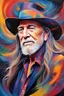 Placeholder: captivating conceptual painting of the iconic rock star, Willie Nelson, rendered in a vibrant and abstract art style. The background is a swirling, chaotic mix of artistic strokes that evoke a sense of rebellion and energy. The overall composition is a celebration of creativity, movement, and the essence of rock 'n' roll., vibrant, painting, conceptual art