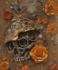 Placeholder:  an abstract painting of rusted metal and flowers, scaffolding, iron cladding, decay, mixed media, textured, anatomically correct, beautiful perfect face, sharp focus, highly detailed, injured face