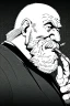 Placeholder: old man in profile smokes a cigar, shot hair, greyscale