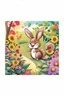 Placeholder: The cute bunny excitedly looks at a bright yellow sunflower in the colorful garden, the beautiful butterfly and friendly brown squirrel are smiling, child book illustration style, faces must be the same as reference image