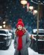 Placeholder: Cute girl in red hat and scarf, snowfall in the background, night