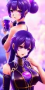 Placeholder: Detailed cute anime Kunoichi girl,big boobs,sexy ,drinking milk ,purple hair buns, purple bangs, black latex suimsuit, intricate details, full body portrait, keep head in frame, slight smile, black Japanese motif, concept art, highly detailed, digital painting, concept art, sharp focus, illustration, art by Yoji Shinkawa, WLOP and greg rutkowski and alphonse mucha and artgerm and yanjun Chen and Junji ito and Makoto Shinkai, HDR, octane render