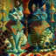 Placeholder: prompt, Fantasy harlequin cats by Louis Wain, by Catherine Abel, by Gediminas Pranckevicius, fantasy, oil on canvas, beautiful, high details, ultra detailed, crisp quality, colourful, high definition