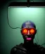 Placeholder: Ultra realistic photographic night portrait, cinematic, African woman, shave head, <hanging wires> <retro monitor> many wires coming out of the head <perfect pupil> <cyborg arm> <garage> <wide angle Shot> <retro futuristic> <thriller>, led lights, color fog, soft color, highly detailed, unreal engine 5, ray tracing, RTX, lumen lighting, ultra detail, volumetric lighting, high definition.