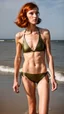 Placeholder: beautiful anorexic woman, full body shot, shiny olive triathlon bikini, short wavy bob haircut, photographed on the beach, raw, red hair, healthy