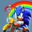 Placeholder: Sonic the hedgehog riding a motorcycle across a rainbow