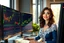 Placeholder: 3D video game character elegant blue eyed brunette woman in dark blue costume with white lace shirt and diamond jewelleries enthusiastically and cheerfully watching crypto charts on big monitors in a modern room in sunshine