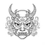 Placeholder: White, minimalis line art , cute oni mask japanes , vector, white background, outline, with images neatly contained within the background, just black and white color, tatto style.