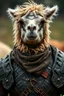 Placeholder: Lama thief in full armor. Close up portrait. Afraid to fail, afraid to dive within. But still smiling.