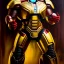 Placeholder: fullbody portrait in oil on canvas of Ultron Villain with Big Golden Hulkbuster armor, intense stare, masterpiece, realistic, intricate detail, sci-fi fantasy style, volumetric lighting, particles, highly detailed ,cinematic , deep colours, 8k, by Kaare Andrew and Robert E Howard and Ken Kelly