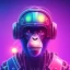 Placeholder: A beautiful portrait of a cyborg monkey purple neon color scheme, high key lighting, volumetric light high details psychedelic background