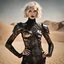 Placeholder: beautiful caucasian half cyborg woman, black metal body and limbs, chrome details, anorexic figure, short blond wavy bob haircut, dystopian, desert scene