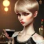 Placeholder: Russian boyish boylike female figure short man's haircut boyish face boyish features in black girlish lacy cocktail dress earrings in restaurant