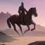 Placeholder: medieval knight traveling on a horse surrounded by mountains