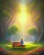 Placeholder: park mystical dream, park bench, man, woman, child, dog, trees, path, bird, sunshine, mystical, fantasy, romanticism, pastel colors, daylight, daytime, acrylic painting, detailed, soft focus,