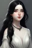 Placeholder: a 16 year old woman, white skin, medium length wawy black hair, beautiful round face, black eyes, round body, in a white dress, realistic epic fantasy style