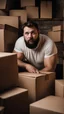 Placeholder: full figure photography of a shy burly chubby muscular 28 year old sicilian man with short beard white t-shirt, in a dark cellar full of cardboard boxes and old objects , look at camera, shy eyes, hyper realistic, Cinematic, 35mm lens, f/1.8, side light, dim lights, ambient occlusion , frontal view from the ground