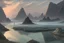 Placeholder: mist, rocks, lagoon reflection, clouds, distant city, person, sci-fi, epic