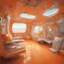 Placeholder: Surreal plane where everything is in plastic, sunny orange, even the walls and windows and shaggy carpet, futuristics