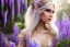 Placeholder: Fantasy cute elf with transparent wings, smiling, make up, long blond platinum hair, blue eyes, crown, beautiful dress, wisteria flowers and mushrooms in background, HQ, high key lighting, volumetric light high details