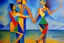 Placeholder: Cubism pablo picasso style , One couple dancing, Bald Man, woman with long curly gray hair, standing on a yacht, ocean in background, dancing, happy, moving, oil painting,