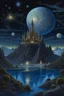 Placeholder: Gothic, epic, fabulous, space, hyperrealism, microdetalization, surreal, ornamental, drawing details, clear outline, color illustration, stardust, mystical landscape, huge moon, starry fireworks, dark botanical, dark fantasy, multicolor, detailed, 3d,threads, fibers, star map, blue, gold, silver, white, forest, lake, mountains, fantastic flowers, ambient clarity, volumetric, swirls in the sky, fog, white haze, crystals