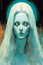 Placeholder: create an imaginative closeup full body print illustration of the pale translucent ghost of a female Oracle with finely detailed hair and feminine facial features, in the land of the dead , in the comic book art style of Bill Sienkiewicz, Mike Mignola, and Jean Giraud Moebius, finely textured, drawn, colored, and inked, suffused with dramatic natural light and shadow of a midnight crescent moon