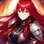 Placeholder: girl, masterpiece, best quality, cinematic lighting, detailed outfit, perfect eyes, long hair, red hair, red eyes, vibrant colors, armored clothes,