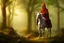 Placeholder: hooded monk on horseback in the forest