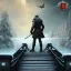 Placeholder: fantasy art, book cover, big wolf in front of the ebony stairs of a bridge or dam ,icy water, on the bridge is a wolf, there is also a hawk on his shoulder