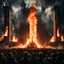 Placeholder: Long shot of stage of Wild Rammstein Concert performing Feuer Frei, facial flamethrowers, microphone stands on fire, elaborate fire pyrotechnics, photorealistic, dramatic, cinematic, kinetic, concept art photorealism, fire effects, columns of flame, bursting fire