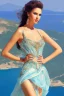 Placeholder: A tall, slender and very beautiful girl who looks at me. Her dress is of amazing colors, from blue to white.in the background is the Greek island of Samos.